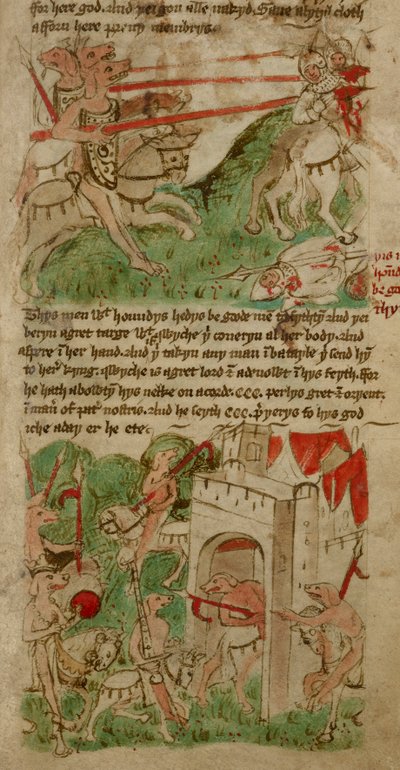 Fargede tegninger som viser de hundehodede menneskene ("Cynocephalus") på Nacumera Island, fra 