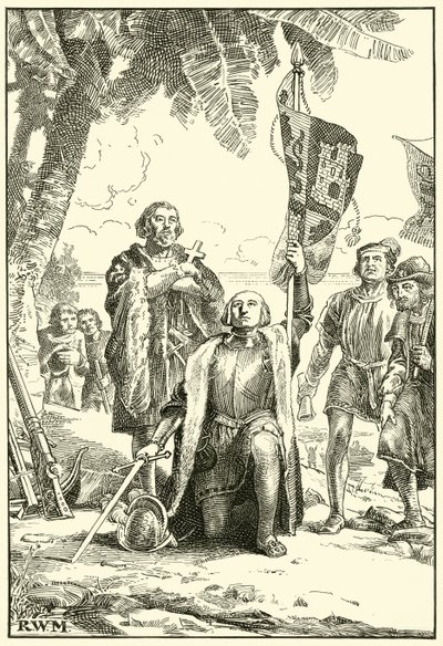 Columbus lander i det nye ordet (blekk på papir) av English School