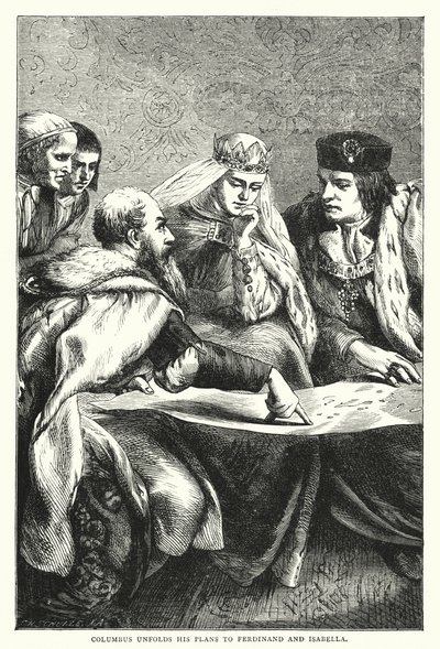 Columbus utfolder planene sine til Ferdinand og Isabella (farget gravering) av English School