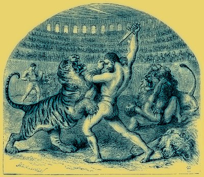 Combat of Gladiators with Wild Animals, illustrasjon fra The Illustrated History of the World, publisert ca. 1880 (digitalt forbedret bilde) av English School