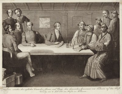 Konferanse på Chusan mellom Commodore Bremer og en kinesisk tjenestemann på HMS Wellesley 4. juli 1841 av English School