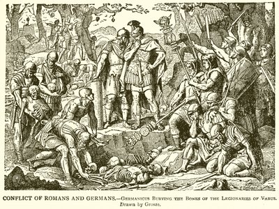 Konflikt mellom romere og tyskere.--Germanicus begraver beinene til legionærene til Varus av English School