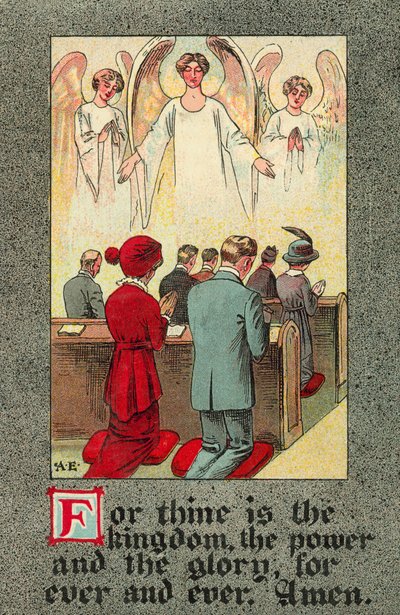 Menighet som resiterer Herrens bønn (farge litho) av English School