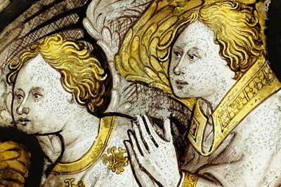 Bevart del fra Great East Window ved York Minster: «Skapelsen tilber lammet» av English School