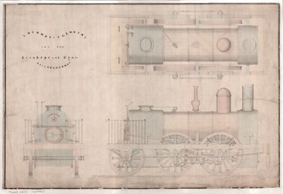 Konstruksjonstegning, 0-4-2 lokomotiv og tender av R. og W. Hawthorn and Co. for Stanhope and Tyne Railway Co. av English School