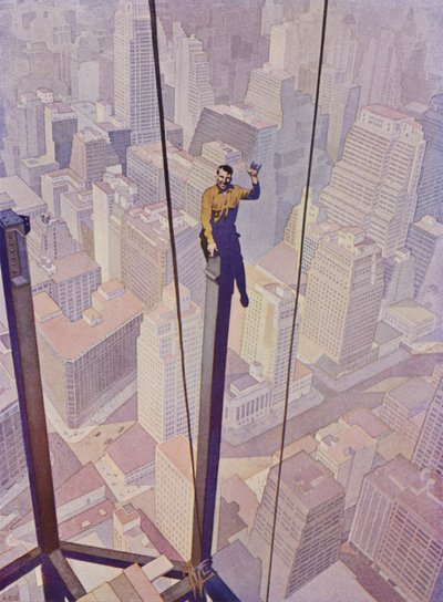 Bauarbeiter auf dem Stahlgerüst eines Wolkenkratzers hoch über den Straßen von New York City, New York, USA von English School