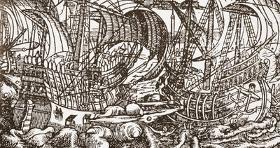 Zeitgenössischer Holzschnitt eines Kriegsschiffs auf See von English School