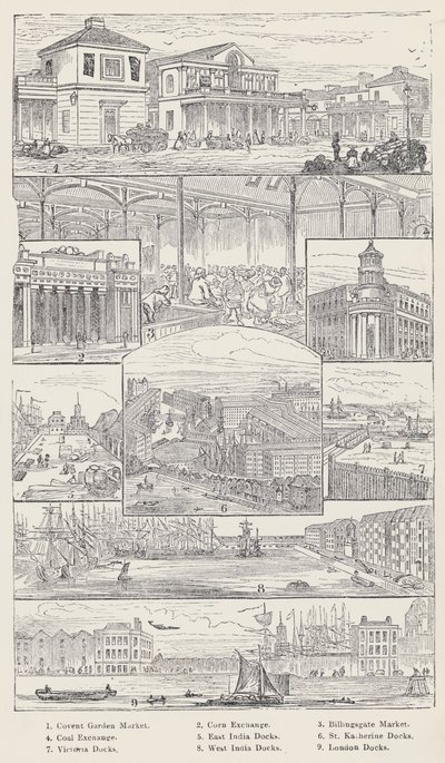 Convent Garden Market, Corn Exchange, Billingsgate Market, Coal Exchange, East India Docks, St Katherine Docks, Victoria Docks, West India Docks, London Docks (gravering) av English School