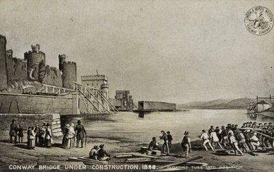 Conway Bridge under bygging, 1848 av English School