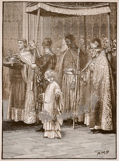 Kroning av Richard i Westminster Abbey: prosesjonen langs midtgangen, illustrasjon fra Cassells Illustrated History of England (sepiafoto) av English School