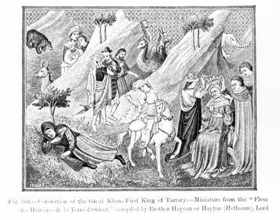 Kroningen av den store Khan (Kublai Khan) (1214-94) Tartaras første konge, fra Fleur des Histoires de la Terre dOrient, satt sammen av Hayton (d.1271), illustrasjon fra Science and Literature i t. av English School