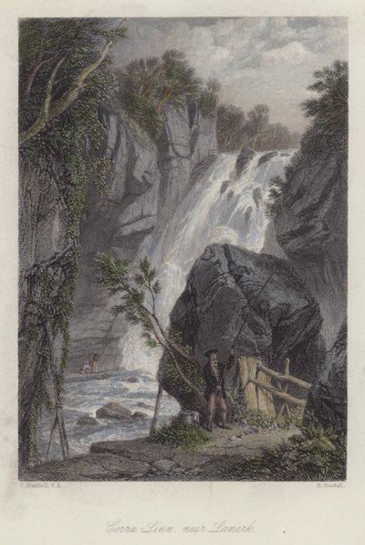Corra Linn, nær Lanark, Skottland (farget gravering) av English School