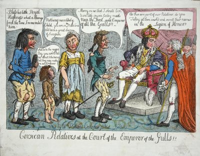 Corsican Realtives at the Court of the Emperor of the Gulls!!, pub 1804 (håndfarget gravering) av English School