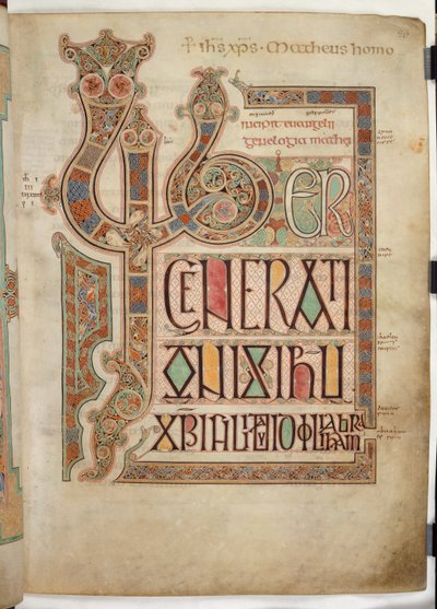 Cott Nero D IV f.27 Incipit side til St. Matteusevangeliet med dekorerte bokstaver 
