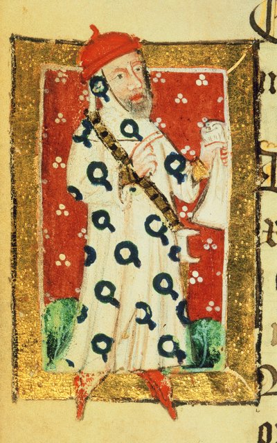 Cott Nero D VII f.105v Nigel Lorning, Ridder av strømpebåndet, fra Benefactors Book of St. Alban