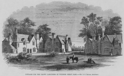 Hytter for kronarbeiderne i Windsor Great Park (gravering) av English School