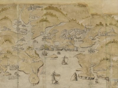 Bomull Augustus I. i. 38 Kart over kysten mellom Fowey og Salcombe, inkludert Plymouth. En del av et panoramakart over kysten fra Lands End til Exmouth, ca. 1539 (blekk og farge på vellum) av English School