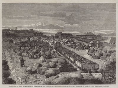 Bomullsballer liggende ved Bombay Terminus of the Great Indian Peninsula Railway klare for forsendelse til England (gravering) av English School
