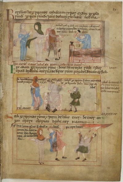 Cotton Claudius B IV fol.10 Lamech og hans to koner og hans sønn, Tubalcain, smeden, på jobb (vellum) av English School
