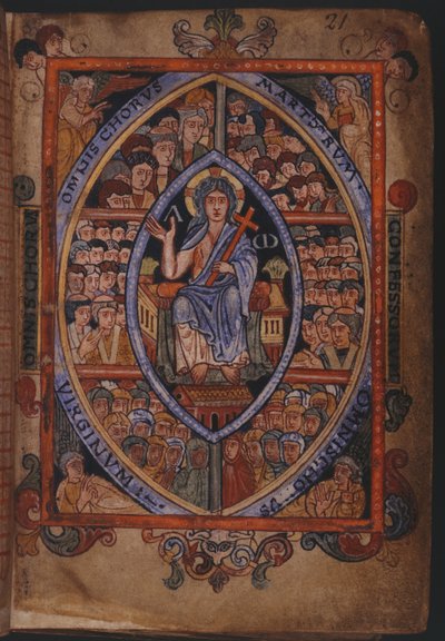 Cotton Galba A. XVIII, f.21 Kristus tronet med kor av martyrer, bekjennere og jomfruer av English School