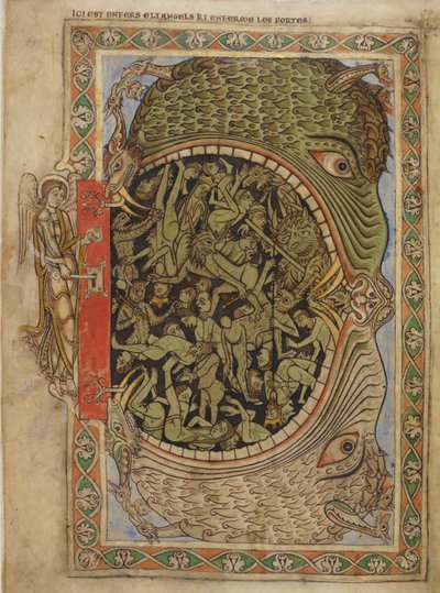Bomull Nero C IV f.39 Helvetes kjever festet av en engel, fra Psalter of Henry of Blois, c.1121-61 (vellum) av English School