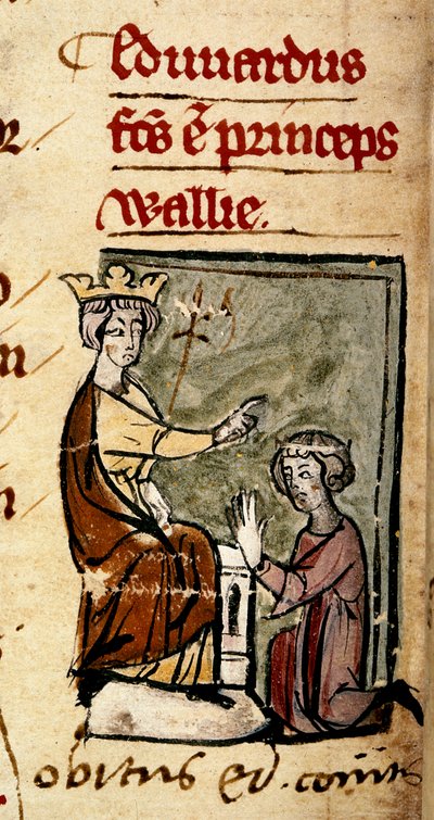 Cotton Nero D. II, f.191v Edward av Caernarvon (Edward II) opprettet Prince of Wales og Earl of Chester av sin far, kong Edward I, i Lincoln-parlamentet, 7. februar 1301, fra 