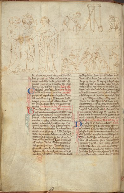 Cotton Nero D. I f.23v Byggingen av Cliffords tårn ved St Albans, fra 