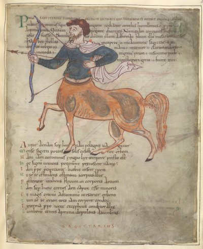 Cotton Tiberius B. V, del 1, f.37 'Skytten', illustrasjon fra 'Ciceros Aratus' (vellum) av English School
