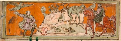 Cotton Tiberius B. V, Del 1, f.7v Jakt med falken, Illustrasjon for oktober fra en 
