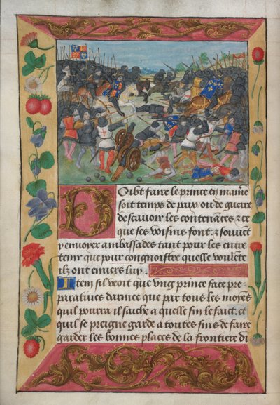 Cotton Vespasian A xvii, f.13v, Kongen av England satt på en hvit hest, jagende den flyktende kongen av Frankrike, fra Robert de Balsacs Manual on Warfare for the Instruction of a Prince, ca. 1490-tallet (vellum) av English School