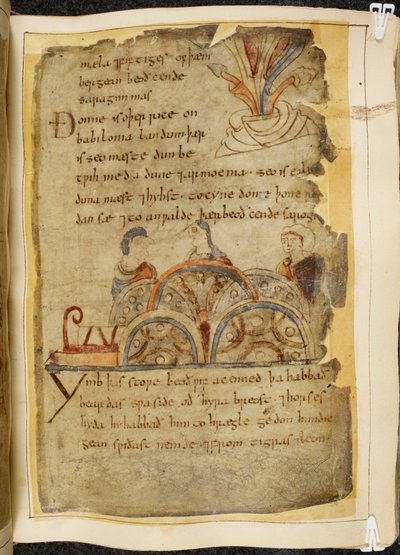 Cotton Vitellius A. XV f.105, et gyllent vintre; tre personer som snakker, som representerer en vennlig nasjon som styrer Rødehavet, hvor de beste perlene finnes, illustrasjon fra Beowulf, fra 