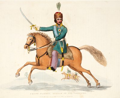 Graf Platoff, Hetman der Kosaken, veröffentlicht von Richard Evans, graviert von Romney, Illustration aus An Historical Account of the Battle of Waterloo von William Mudford, 1816 von English School