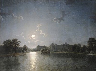 Country House across a Lake by Moonlight, ca. 1850 (olje på lerret) av English School