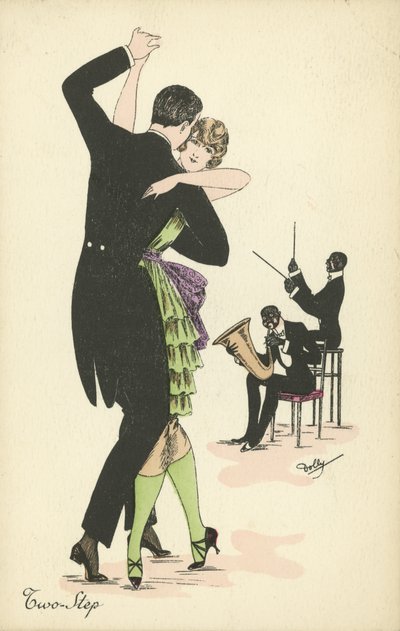 Par som danser Two Step (farget litho) av English School