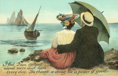Par som omfavner hverandre på stranden (fargelitografi) av English School