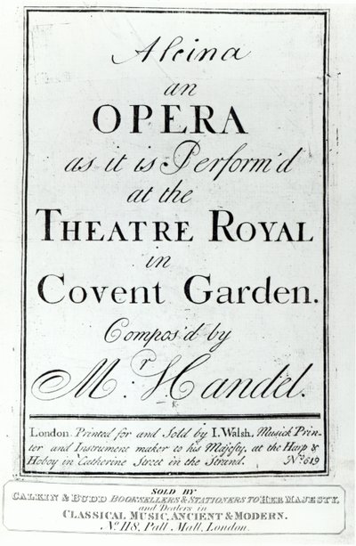 Omslag til Noter for Alcina, en opera av Handel, utgitt i 1735 av English School