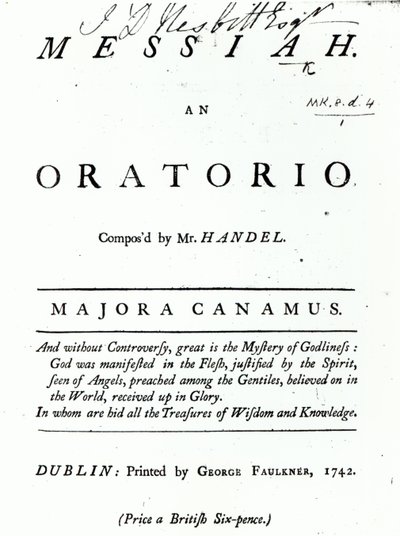 Omslag til Noter for Händels Messias, utgitt i 1742 av English School