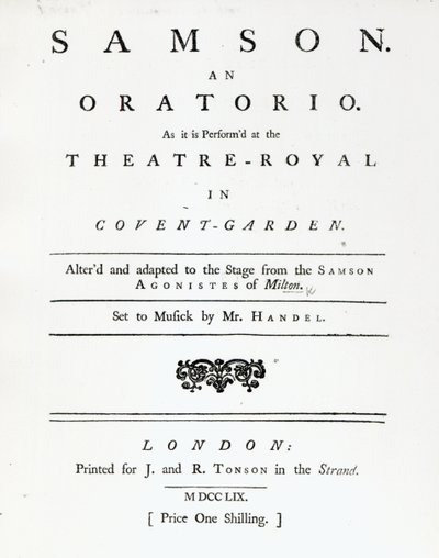 Omslag til Sheet Music for Samson, et oratorium av Handel, utgitt i 1759 av English School