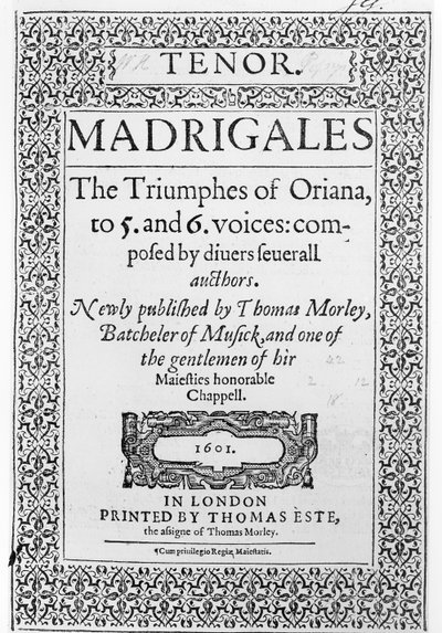 Omslag til tenordelen av The Triumphes of Oriana, utgitt av Thomas Este, 1601 av English School