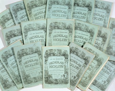 Omslag fra Monthly Issues of The Life and Adventures of Nicholas Nickleby av Charles Dickens (1812-70), utgitt i 1839 (se 136075) av English School