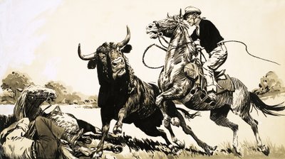 Cowboyer i den australske utmarken prøver å tau en okse av English School