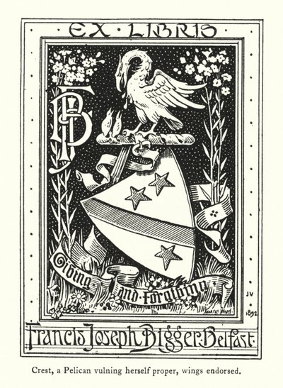 Crest, en pelikan som selv vulner seg, vingene påskrevet (gravering) av English School