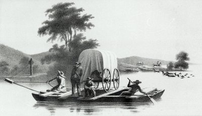 Überquerung des Platte Mouth of Deer Creek, aus Exploration and Survey of the Valley of the Great Salt Lake of Utah von Howard Stansbury, veröffentlicht 1852 von English School