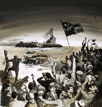 Folkemengder som jubler og vifter med flagg ved havet til en annen gruppe flaggviftende av English School