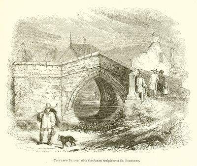 Croyland Bridge, med den saksiske skulpturen til St. Ethelred (gravering) av English School