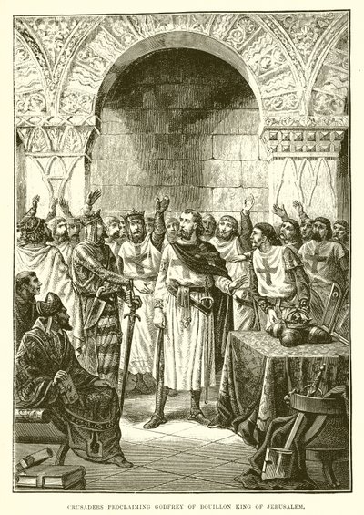 Korsfarere som utroper Godfrey av Bouillon til konge av Jerusalem av English School