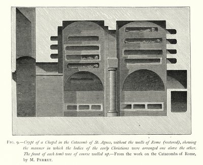 Krypten av et kapell i Catacomb of St Agnes, uten Romas murer (restaurert), som viser måten de tidlige kristnes kropper ble arrangert over hverandre (gravering) av English School