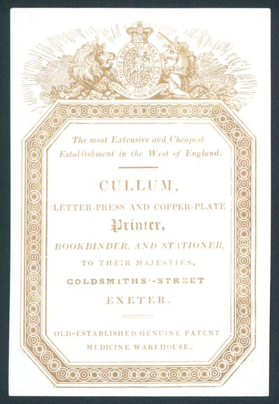 Cullum, Letter-Press og Copper-Plate Printer, handelskort av English School