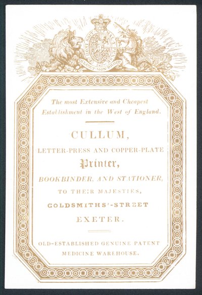 Cullum, Letter-Press og Copper-Plate Printer, handelskort av English School