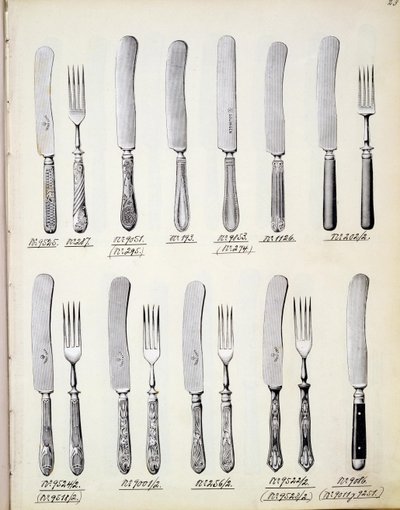 Bestikkdesign, fra en handelskatalog over innenlandske varer og tilbehør, ca. 1890-1910 av English School